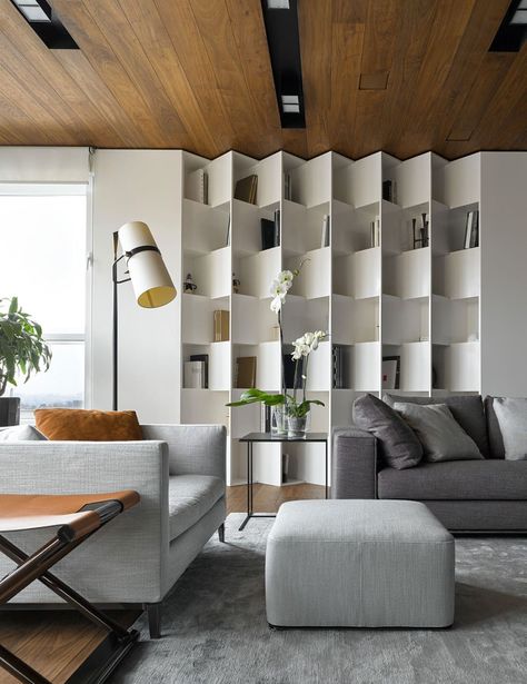 Modern Apartment Design, Interior Livingroom, Trendy Apartment, Trendy Living Rooms, Living Room Shelves, Apartment Interior Design, Book Shelf, Office Interior Design, Apartment Living Room