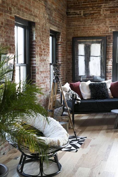 Brick Wall And Floor, Industrial Interior Design Living Room Exposed Brick Walls, Exposed Bricks Ideas, Flooring With Brick Walls, Industrial Lounge Room, Curated Loft Style, Brick Wall Interior Living Room Modern, Brick Office Interior, Exposed Brick Office