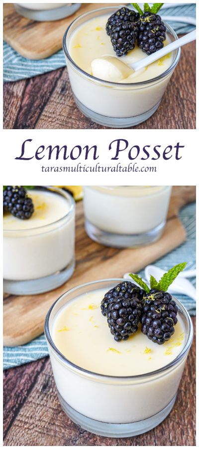 Lemon Posset in three glass cups with blackberries and fresh mint. Lemon Ladyfinger Desserts, British Lemon Desserts, Light Lemon Desserts Healthy, Limoncello And Basil Posset, Possette Recipe, Lemon Posset Recipe Mary Berry, Lemon Cup Desserts, Desserts With Lemon Juice, Things To Make With Lemon Juice