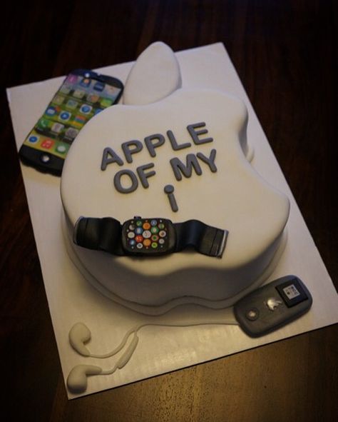 Apple Watch, iPod, iPhone6s cake. Apple logo cake. #bakerilly                                                                                                                                                                                 More Iphone Cake Designs, Iphone Cake Ideas Birthdays, I Phone Cake Designs, Apple Cake Design, Iphone Theme Cake, Iphone Birthday Cake, Cake Designs For Men, Cake Ideas For Men, Watch Cake