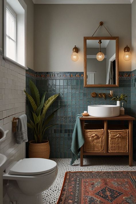 Eclectic Half Bathroom Ideas, Eclectic Bathroom Mirror, Vintage-inspired Bathroom Ideas, Small Bathroom Eclectic, Eclectic Maximalism Bathroom, Vintage Eclectic Bathroom, Simple Bathroom Interior Design, Simple Bathroom Interior, Interior Design Modern Bathroom