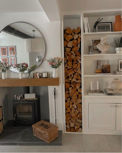 Alcove Storage Living Room, Firewood Storage Indoor, Alcove Ideas Living Room, Log Burner Living Room, Cabin Living Room, Built In Shelves Living Room, Ideal House, Autumn Home Decor, Living Room Decor Fireplace