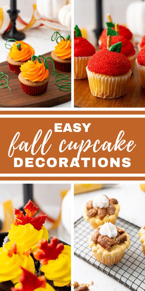 Apple Cupcakes Decoration, Thanks Giving Cupcake, Easy Fall Decorated Cupcakes, Cupcakes Decorated Like Pumpkins, Fall Cupcakes Decoration Simple, Fall Decorated Cupcakes Ideas, Fall Themed Cupcake Ideas, Cupcakes Decoration Fall, Easy Fall Cupcake Decorating Ideas