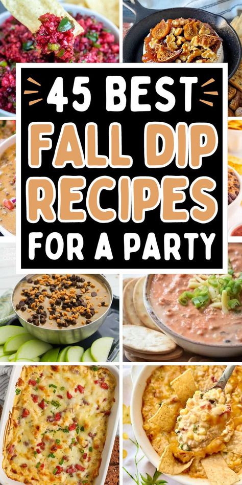 The best fall dip recipes for parties and potlucks, including warm dip and cold dip recipes that you can make ahead for a party, movie night, Halloween, or Thanksgiving. Easy Fall Potluck Ideas, Dip Appetizers For Party, October Appetizers, Fall Birthday Party Food, Party Snacks For A Crowd, Harvest Party Food, Fall Dips, Bonfire Snacks, Fall Party Appetizers