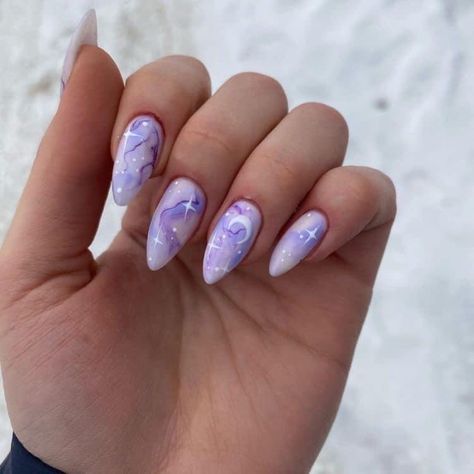 Purple Watercolor Nails, Outer Space Nails, Star Nail Designs, Horror Nails, Sky Nails, Hippie Nails, Purple Nail Designs, Lavender Nails, Purple Nail