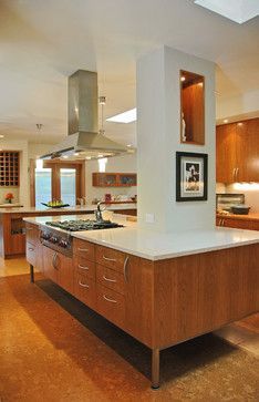 Kitchen Island With Columns Posts, Modern Kitchen Island With Seating, Kitchen Island With Post, Kitchen Island With Columns, Mid Century Modern Kitchen Cabinets, Kitchen Columns, Dividing Wall, Kitchen Ventilation, Painted Cabinets