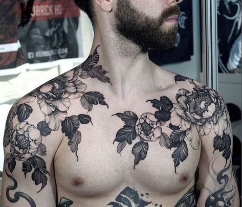 Men Floral Tattoo Sleeve, Man Floral Tattoo, Masculine Flower Tattoo For Men, Carnation Tattoo Men, Botanical Chest Tattoo Men, Male Sternum Tattoo, Floral Chest Tattoo Men, Big Shoulder Tattoo, Botanical Chest Tattoo