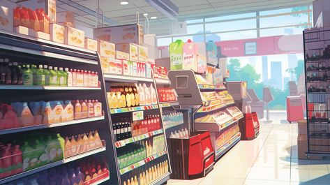 Gacha Cafe Background Inside, Anime Grocery Store Background, Supermarket Drawing, Supermarket Aesthetic, Epic Backgrounds, Background Anime, Gacha Backgrounds, Gif Background, Episode Backgrounds