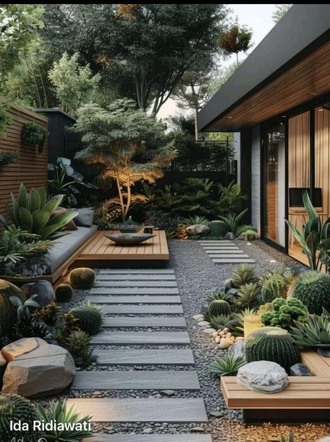 Home Outdoor Garden Ideas, Small Entrance Garden Ideas, Zen Landscaping Front Yard, Home Outdoor Garden, Different Garden Ideas, Boho Garden Design, Zen Garden Patio, Out Doors Design Garden Ideas, Back Garden Design Ideas