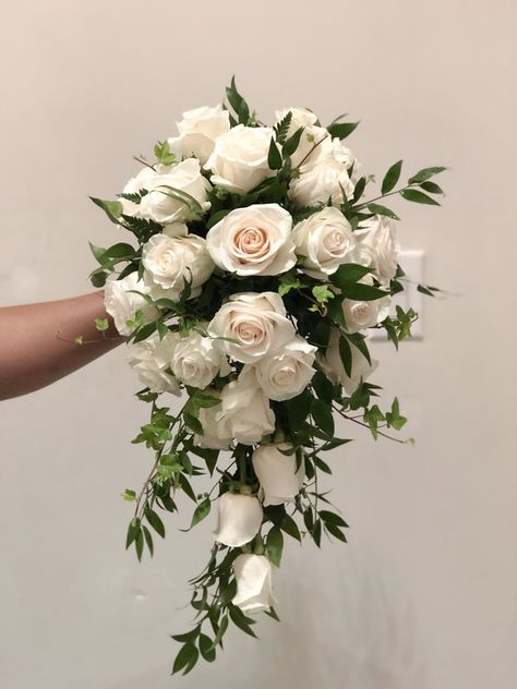 White Rose Cascading Bouquet, Cascading Rose Bouquet, Cascade Rose Bouquet, Italian Ruscus Wedding Bouquet, Cascade Flower Bouquet, Bride Flower Bouquet Elegant, Fresh Flower Wedding Bouquets, Italian Bouquet, Wedding Bouquet Cascade