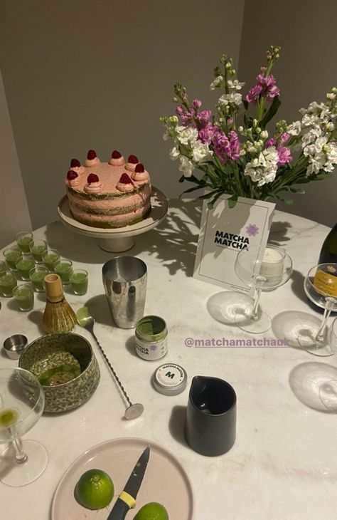 Matcha Matcha launch party. Matcha margaritas. Fun aesthetic. Beautiful flowers. Champagne. Matcha raspberry cake. Aesthetic cake. Matcha shots. Matcha preparation Matcha Theme Aesthetic, Matcha Party Decorations, Matcha Bridal Party, Matcha Themed Party, Matcha Theme, Passed The Vibe Check, Flat Aesthetic, Matcha Bar, Matcha Waffles