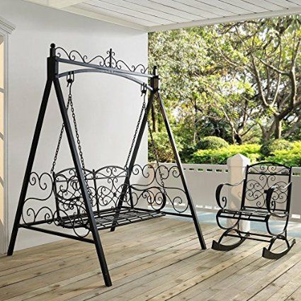 Amazon.com : Classic And Sturdy All Metal Outdoor Porch Swing With Armrest and Stand In Black finish : Patio, Lawn & Garden Affordable Outdoor Furniture, Iron Patio Furniture, Wrought Iron Furniture, Grill Door Design, Wrought Iron Decor, Swing Chair Outdoor, Metal Swings, Garden Swing, Wooden Swings