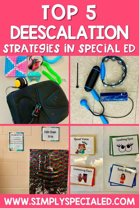 Using appropriate deescalation strategies is essential! Today, I am sharing 5 deescalation strategies and techniques that are sure to maintain a safe and supportive environment for your special education students. Learn about verbal deescaltion strategies, redirection techniques, calming techniques and more. I talk about using sensory tools, a calm down spot, and offering student choice to help with behaviors. Learn these top teaching tips now! Redirection Techniques, Deescalation Strategies, Special Education Behavior, Sensory Classroom, Special Education Lesson Plans, Calming Techniques, Special Education Activities, Student Choice, Special Education Elementary