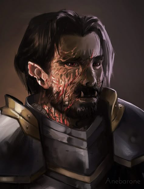 Digital painting portrait of a RPG character. An injured Dungeons & Dragons half-orc - Anebarone Burned Face Character Male, Half Burned Face, Paladin Of Bahamut, Half Orc Paladin, Burned Face, Half Orc, Pathfinder Character, Digital Painting Portrait, Roleplay Characters