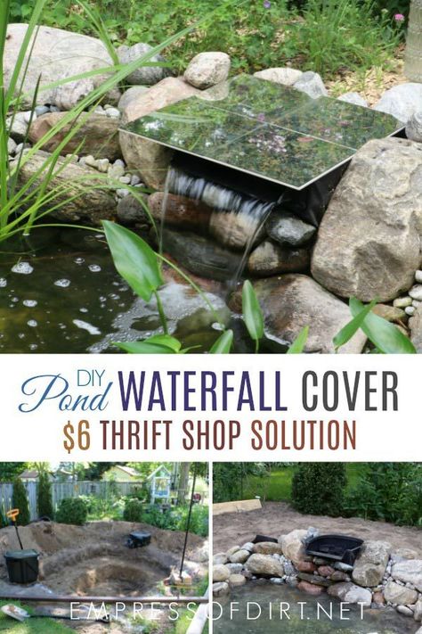 DIY Waterfall spillway cover using thrift shop materials. #pond #fishpond #spillway #waterfall #diy #gardening #empressofdirt #thrifty #gardenblog Pond Filter Cover Ideas, Diy Spillway Waterfall, Waterfall Spillway Ideas, Ponds With Waterfalls, Water Fall Ideas, Waterfall Diy, Spillway Waterfall, Above Ground Pond, Raised Pond