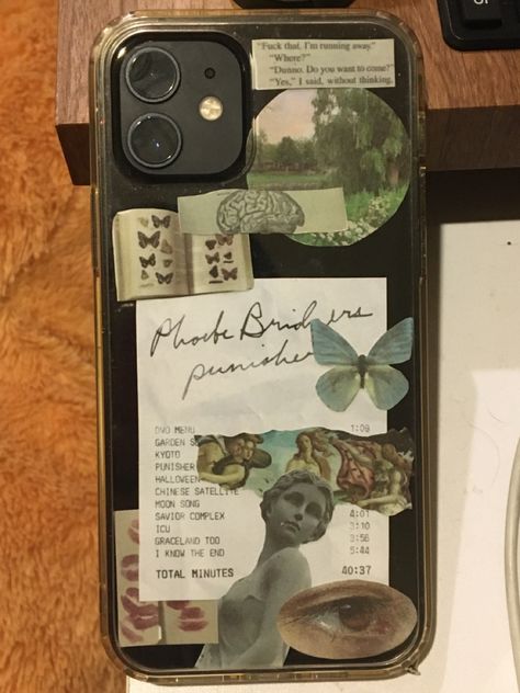 Things To Put Under A Clear Phone Case, Phone Cases Clear Aesthetic, Clear Phone Case Ideas Green, Black Iphone Clear Case Ideas, Goblincore Phone Case, Phoebe Bridgers Phone Case, Fairy Grunge Phone Case, Diy Phone Case Collage, Phone Case Picture Collage