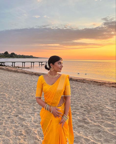 Yellow Saree Look Traditional, Saree Farewell School Classy, Yellow Sari, Tamil Saree Look, Desi Beach Wedding, Tamil Women, Tamil Saree, Indian Dress Up, Saree Wearing Styles