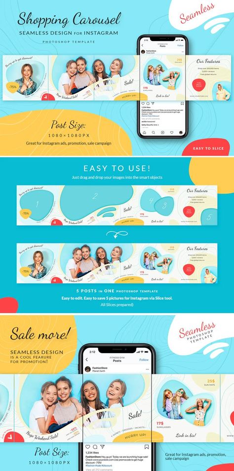 Summer Sale Instagram Carousel Template PSD Instagram Carousel Template, Newsletter Design Layout, Carousel Template, Instagram Photoshop, Sewing Photography, Photoshop Tutorial Graphics, Poster Design Layout, Instagram Carousel, Banner Design Inspiration