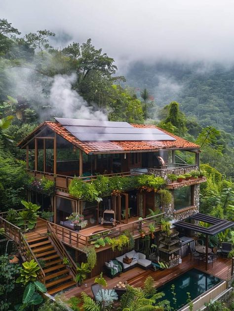 Beach Jungle House, Hawaiian House Exterior, Cliff Side House, Island House Tropical, Hawaiian Architecture, Hawaii Architecture, Jungle Village, Hawaiian House, Eco Cottage