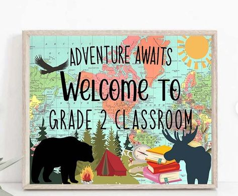 Welcome To Classroom, Classroom Door Sign, Kids Room Printables, Camping Classroom, Classroom Door Signs, Camping Theme Classroom, Kids Room Sign, Teacher Name Signs, Adventure Theme