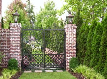 Arborvitae Landscaping, Fences Design, Garden 101, Wrought Iron Gate Designs, Georgian Design, Brick Pillars, Green Giant Arborvitae, Fence Door, Backyard Gates