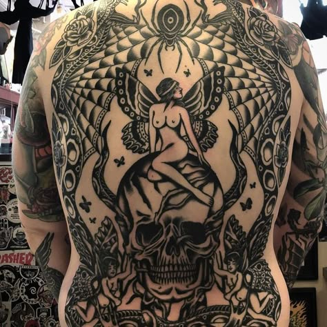 Traditional Backpiece Tattoo, Traditional Backpiece, Paul Dobleman, Chest And Back Tattoo, Backpiece Tattoo, Tattoos Traditional, Stamp Tattoo, Traditional Women, Chest Tattoos