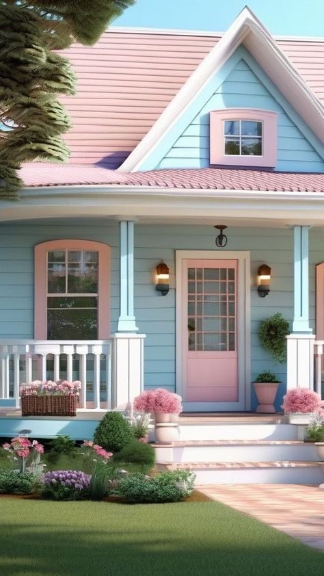 Pink Beach House Exterior, Pink House Exterior, Girly Cottage, Moon House, Porch Paint, Paint Color Ideas, Pink Victorian, Beach House Exterior, Boho Country