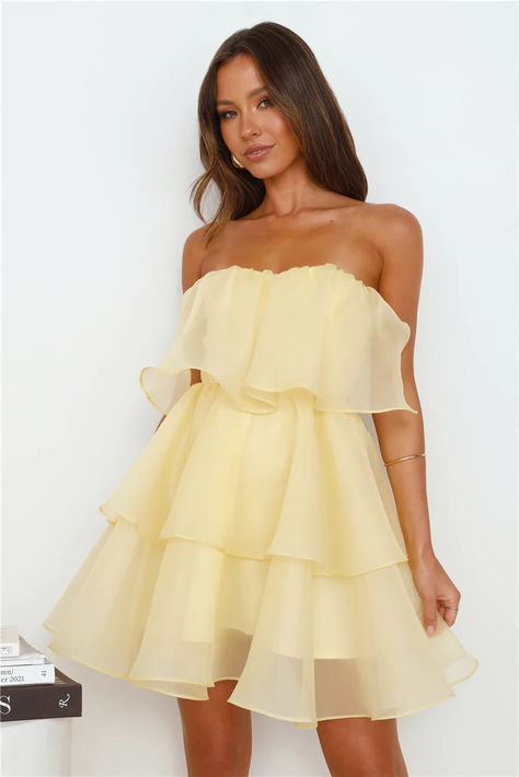 Feel like a dream in the Sunlight Rays Strapless Mini Dress. Featuring an elastic back and the most gorgeous tiered frill design. Style with accessories and heels for your fave 'fit yet. #hellomolly #erastour Prom Shopping, Bridal Shower Dress, Shower Dresses, Dress Yellow, Dresses Backless, Strapless Mini Dress, Pink Mini Dresses, Corset Dress, Mesh Dress