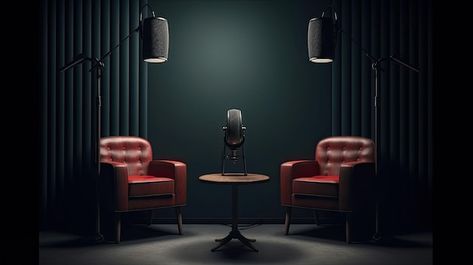 Two chairs and microphones in podcast or... | Premium Photo #Freepik #photo #broadcast #audio-recording #podcast #recording-studio Post Production Studio Design, Podcast Room Ideas Men, Dark Podcast Studio, Podcast Studio Inspiration, Black Podcast Studio, Audio Studio Design, Podcast Interior Design, Masculine Podcast Studio, Podcast Lighting Setup