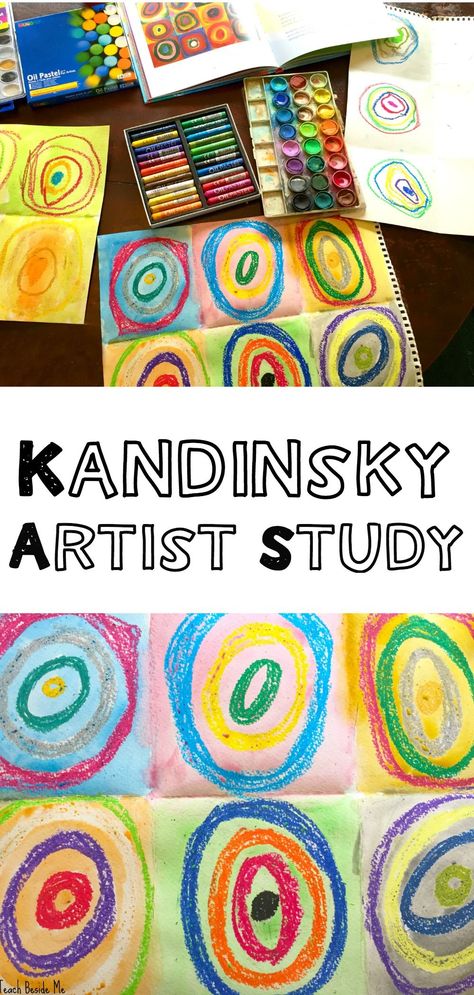 Kandinsky art project and book study ideas- concentric circles with mixed medium. Books about Kandinsky, too! Kandinsky Art For Kids, Circle Art Projects, Art Kandinsky, Art Project For Kids, Artist Study, Montessori Art, Kandinsky Art, Summer Play, Study Ideas