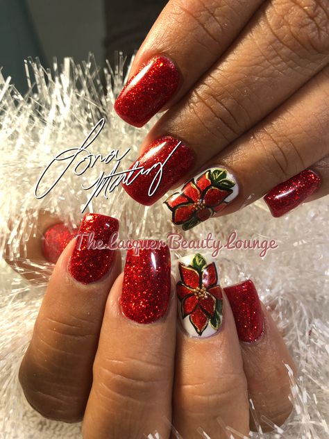 Christmas gel nails with hand painted  Poinsettia’s Christmas Poinsettia Nails, Poinsettia Nails Design, Poinsettia Nail Art, Poinsettia Nails, Nail Art For Christmas, Painted Poinsettia, Xmas Nail Designs, Art For Christmas, Xmas Nail