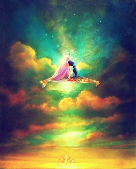 A whole new world. A new fantastic point of view. No one can tells us no, or where to go. They say we're always dreaming. Sky New, Jasmine Aladdin, Disney Fine Art, Gif Disney, Aladdin Jasmine, Aladdin And Jasmine, Wonderful World Of Disney, Disney Fantasy, Disney Artwork