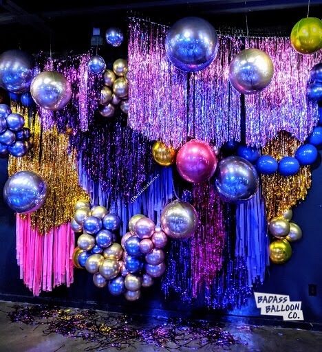 Purple, pink, gold metallic fringe art installation with metallic orb balloons. New Orleans Bachelorette, Bachelorette Balloons, Deco Ballon, Disco Birthday Party, Disco Party Decorations, Balloon Company, Disco Theme, Balloon Installation, Balloon Delivery