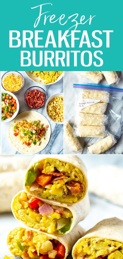 These Meal Prep Freezer Breakfast Burritos are perfect as make ahead breakfasts that you can grab on the go and take with you to work - make them healthier with turkey bacon! #freezermeal #breakfastburrito #mealprep Frozen Breakfast Burritos, Make Ahead Breakfasts, Meal Prep Freezer, Make Ahead Breakfast Burritos, Cooking Turkey Bacon, Freezer Breakfast Burritos, Breakfast Burritos Frozen, Frozen Breakfast, Freezer Meal Prep