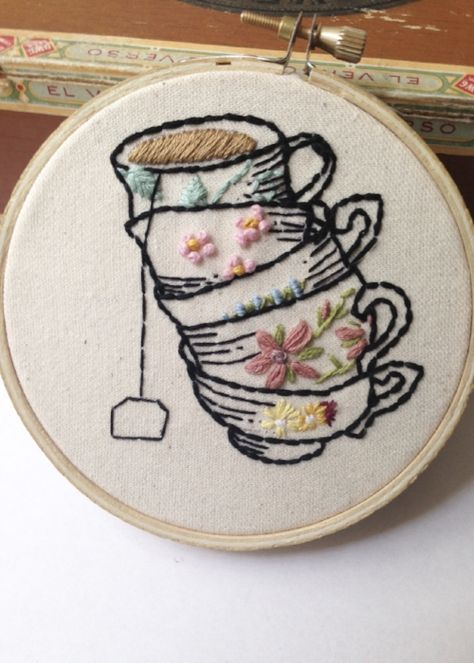 Embroidery Pattern - Learn how to Embroider Stacked Teacups, Basic Embroidery Stitches, Embroidery Transfers, Embroidery Patterns Vintage, Pola Sulam, Learn Embroidery, Brazilian Embroidery, Embroidery Patterns Free, Hand Embroidery Pattern