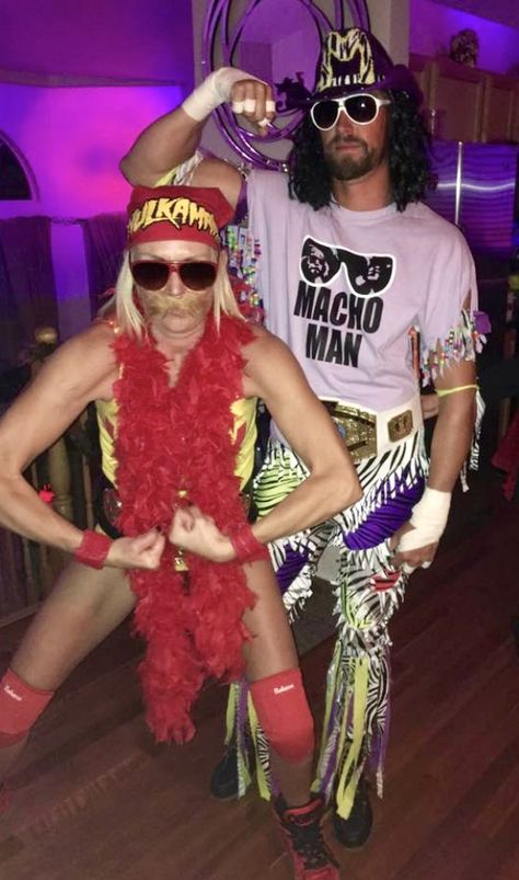 Hulk Hogan Randy Savage Costume, Macho Man Costume Diy, Pro Wrestler Halloween Costume, Hill Hogan Costume Women, Wrestler Costumes Halloween, Hill Hogan Costume, Miss Elizabeth Wwf Costume, Female Hulk Hogan Costume, 80s And 90s Costume Ideas