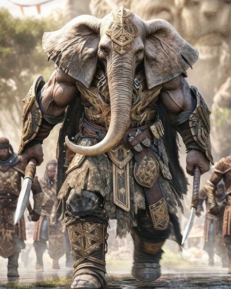 Elephant Warrior, Mythical Creatures Fantasy, Dnd Ideas, Fantasy Creatures Art, Creatures Art, Dnd Characters, Art Characters, Character Portraits, Fantasy Character Design