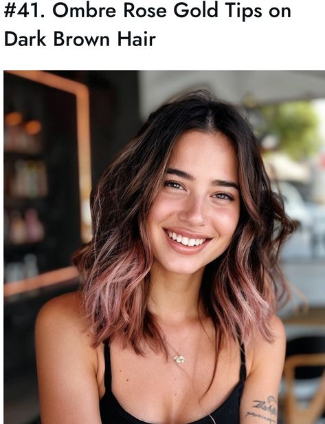 Black To Rose Gold Ombre Hair, Dark Brown To Rose Gold Ombre, Dark Brown Hair Rose Gold Balayage, Pink Balayage Medium Hair, Rose Brown Ombre Hair, Fashion Color Money Piece, Dark Brown Rose Gold Hair, Short Hair With Colored Tips, Brunette Pink Ombre