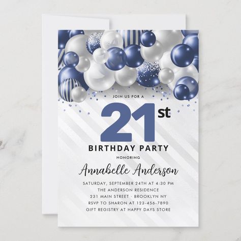 Navy Blue Silver Balloon Glitter 21st Birthday Invitation #Invitation #card #template #design #pinterestquotes #pinterestideas #pinterestmom #pinterestwedding #aesthetic #love #art #pinterestsuccess Confetti Theme, 90th Birthday Invitations, 70th Birthday Invitations, 80th Birthday Invitations, Party Vibe, Silver Invitation, 21st Birthday Invitations, 60th Birthday Invitations, Silver Balloon