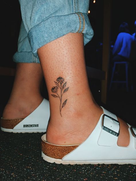 Tattoo Line Work Ideas, Outside Ankle Tattoos For Women, Daisy Tattoo On Ankle, Small Back Of Ankle Tattoo, Above Ankle Tattoos For Women, Upper Ankle Tattoo, Ankle Fine Line Tattoo, Side Of Ankle Tattoo, Cute Small Ankle Tattoos