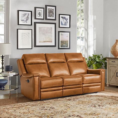 Member's Mark Livingston Leather Reclining Sofa, Assorted Colors - Sam's Club Lodge Sofa, Sofa Cognac, Lodge Living Room, Brown Leather Couch Living Room, Reclining Sofa Living Room, Couch Surfing, Leather Reclining Sectional, Dream Homestead, Tuscany Style