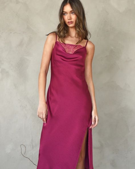 Burgundy is the new black. 🥀 Elevate your dress game with a pop of bold #FallFaves Slip Dress Midi, Cowl Neck Slip Dress, Midi Slip Dress, Mauve Dress, Cocktail Attire, Game Dresses, Vintage Havana, Cowl Neckline, Lace Insert