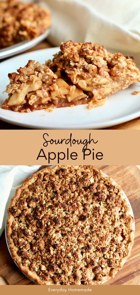 This homemade Sourdough Apple Pie features a flaky, buttery sourdough pie crust and a delicious oat streusel topping, both made with sourdough starter discard. The sweet, spiced apple filling pairs perfectly with the tangy crust and crunchy streusel. It's an easy dessert for Thanksgiving or any holiday, and you can make it the same day or ahead of time for a stress-free treat! Oat Crust Pie, Sourdough Apple Crisp, Apple Streusel Pie, Sourdough Apple Pie Recipes, Sourdough Pumpkin Pie Recipe, Sourdough Discard Recipes Pie Crust, Sourdough Discard Apple Pie, Sourdough Apple Pie, Sourdough Discard Pie Crust