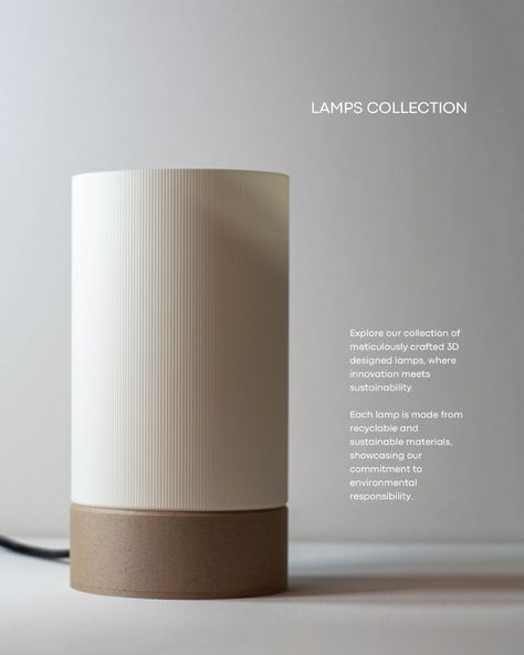 Lamps Collection. Lumina Lamp. Crafted from eco-friendly materials, this lamp features a sleek, contemporary design that adds elegance to any space. Lumina Lamp provides warm, ambient lighting, creating a cozy and inviting atmosphere while showcasing your commitment to environmentally conscious living. More information at wausdesign.com #3d #3dprinting #lamps #design #printeddesign #ecodesign Lamp 3d Print, Warm Ambient Lighting, Industrial Design Portfolio, Lamps Design, Lamp Inspiration, Concrete Light, 3d Printing Business, Ed Design, 3d Printing Art