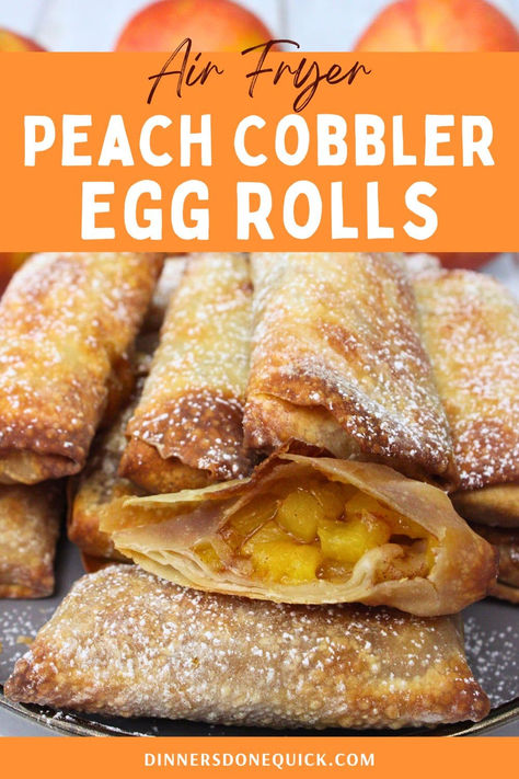 Your dessert game leveled up with these Air Fryer Peach Cobbler Egg Rolls. Combining the classic flavors of peach cobbler with the crispiness of egg rolls, this recipe is a delightful twist on traditional desserts. Perfect for a quick snack or a fancy dessert, these egg rolls are filled with sweet peach filling and air-fried to golden perfection. Follow our step-by-step guide to impress your family and friends with this unique, tasty treat! #PeachCobbler #AirFryerRecipes #EggRolls #DessertIdeas Peach Cobbler Egg Rolls Air Fryer, Peach Cobbler Egg Rolls Easy Recipes, Spring Roll Dessert Recipes, Peach Egg Rolls Easy Recipes, Air Fryer Egg Rolls Recipe, Egg Roll Recipes Air Fryer, Air Fryer Peach Cobbler, Recipes Using Egg Roll Wrappers, Air Fryer Recipes Egg Rolls