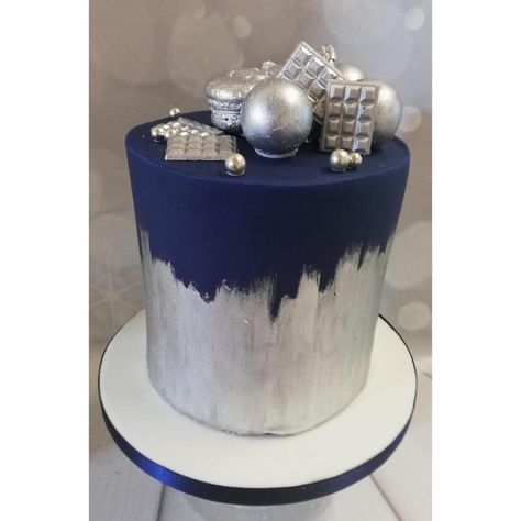 lovely silver and navy blue cake, with mini chocolate bars, macarons and silver balls Blue And Silver 2 Tier Cake, Blue And Silver Graduation Cake, Navy And Silver Cake, Navy Blue Ombre Cake, Blue White Silver Cake, Royal Blue And Silver Cake, Navy Blue And Silver Cake, Silver And Blue Cake, Blue And Silver Birthday Cake