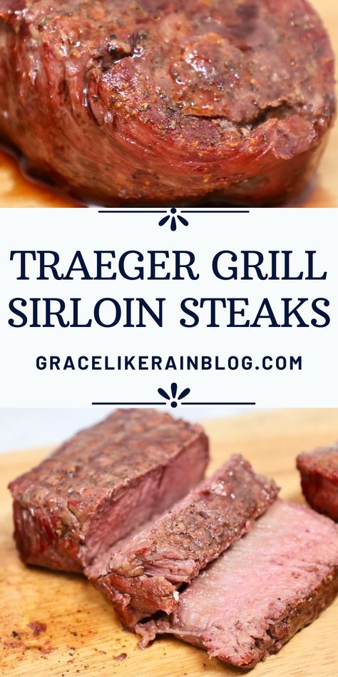 A Traeger Grill is a great tool for cooking steaks and many other cuts of meat. We're sharing how to grill top sirloin steaks on the Traeger the easy way. This grilling method yields a tender and juicy steak that is perfectly cooked every single time! How about some sirloin steaks on the Traeger? A Traeger Grill is a great tool for cooking steaks and many other cuts of meat. This easy grilling method yields a tender and juicy steak. | Pellet grill steak recipes | how to grill steaks on pellet Sirloin Steak On The Grill, Steaks On Traeger Grill, Traeger Sirloin Steak Recipes, Steak On Traeger Grill, Smoked Top Sirloin Steak, Traeger Steak Recipes, Traeger Grill Recipes Beef, Pellet Grill Steaks, Pellet Grill Steak Recipes