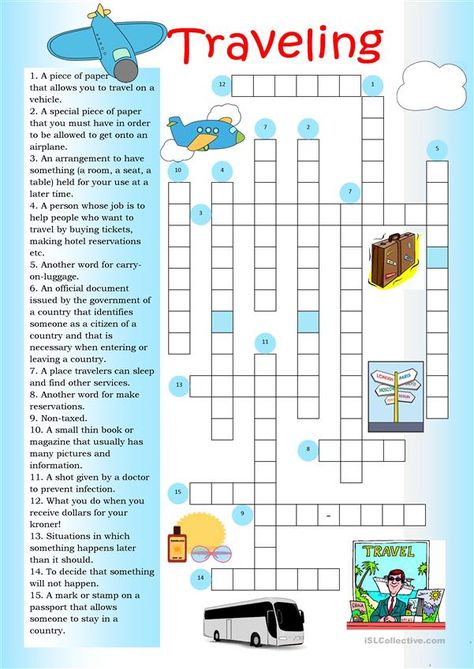 Word Puzzles Printable, Free Printable Crossword Puzzles, Puzzle Printable, Puzzles Printable, Cross Word, Printable Crossword Puzzles, Printable Cross, Travel English, Esl Games