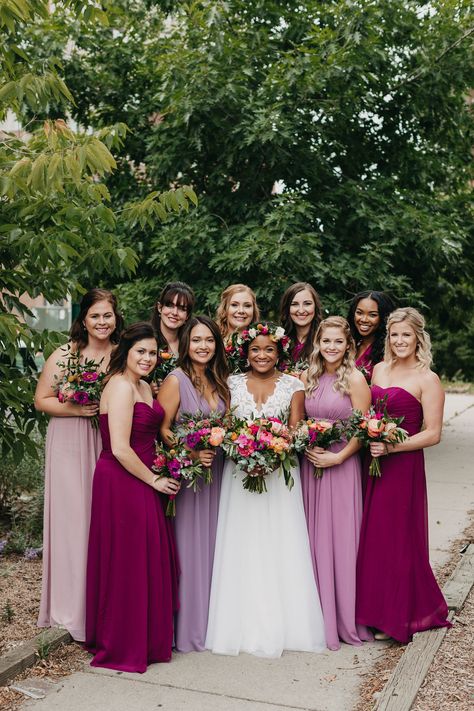 Pink Purple And Burgundy Wedding, Red Purple Bridesmaid Dresses, Lilac And Pink Bridesmaid Dresses, Purple Pink Bridesmaid Dresses, Dark Purple And Pink Wedding, Pink And Purple Bridesmaids, Purple And Pink Bridesmaid Dresses, Fushia Bridesmaids, Groomsmen Aesthetic