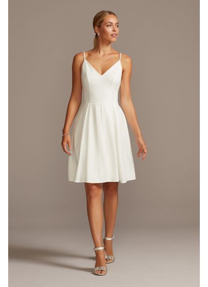 Spaghetti Strap Stretch Crepe Fit-and-Flare Dress DS870158 Plain Wedding Dress, Informal Wedding Dresses, Informal Dress, Rehearsal Dinner Dresses, Elopement Dress, Tea Length Wedding Dress, Davids Bridal Dresses, Lace Dress With Sleeves, Casual Wedding Dress